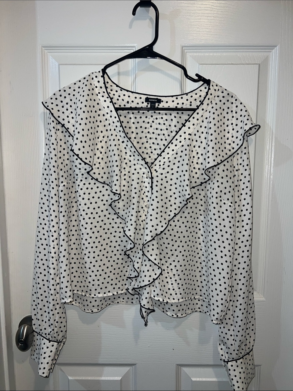 Express White and Black Polka Dot Ruffle Blouse